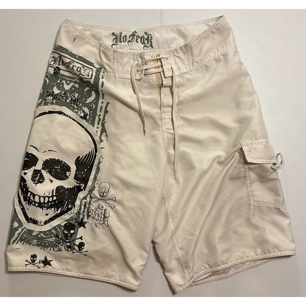 VTG Y2K Baggy No Fear Mens Board Shorts Skull Off White Grey Skate Surf Size 32